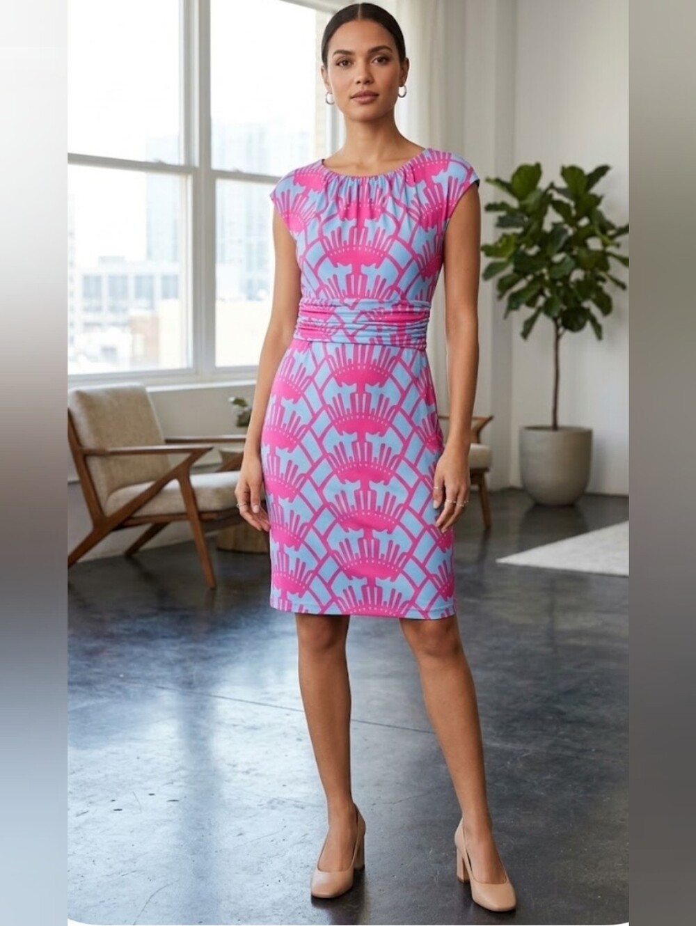 *NWT* Donna Morgan Pink Light Blue Geometric Ruched Waist Mini Dress, Size 6